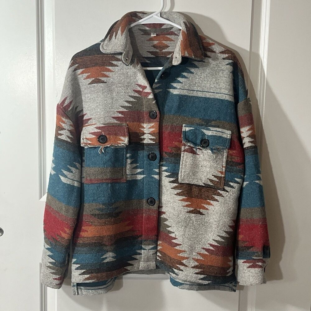 Aztec Print Pattern Loose Shacket Button Down Long Sleeve Wool Blend Boho Tribal